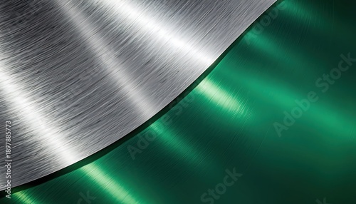 Abstract diagonal composition featuring a highly reflective, brushed silver metallic texture sharply contrasting with a deep, luminous emerald green polished surface,