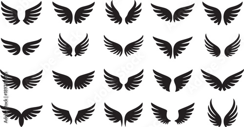 Collection of Various Black Angel Wings Designs Isolated on Transparent Background
