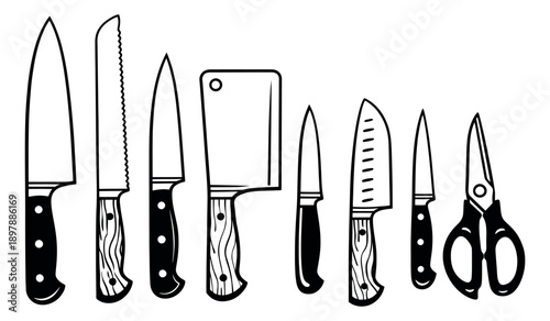 Hand drawn line art kitchen knives set featuring a variety of chef's knives, cleaver, and kitchen shears for cooking and food preparation