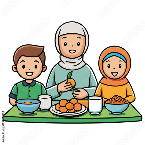 happy family of four eating in kitchen cartoon illustration