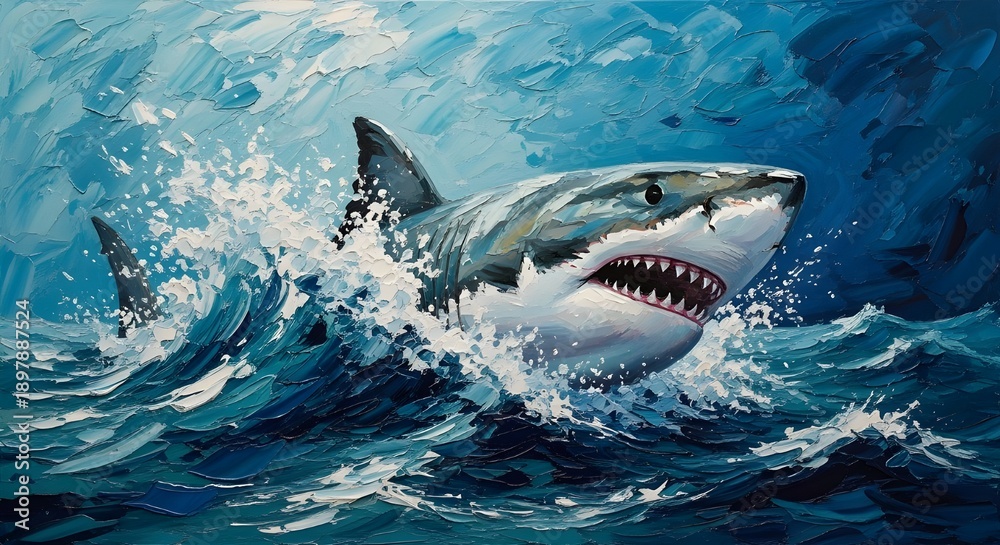 Obraz premium Expressive oil painting shark emerging through textured impasto ocean canvas.
