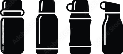 Vector collection of four black silhouette insulated thermos flasks and water bottles isolated on white background.