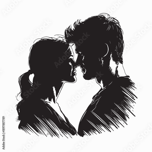 Romantic Silhouette of Loving Couple. Valentines Day 14 February. Happy Lovers Image Vector 