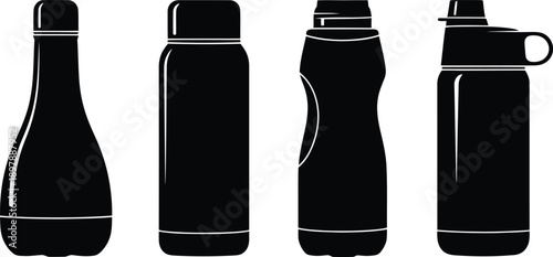 Black silhouette set of various reusable water bottles and insulated thermos flasks for outdoor travel sports and hydration isolated on white background.