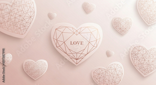 Geometric hearts with love text on soft pink background for valentine's day