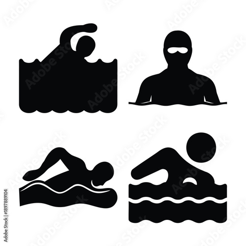 Various black silhouette icons depicting different swimming activities and swimmers