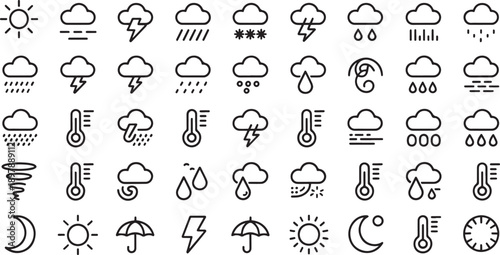 Collection of Weather Icons Showing Different Atmospheric Conditions Isolated on Transparent Background