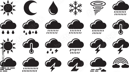 Collection of Weather Icons Showing Different Atmospheric Conditions and Symbols