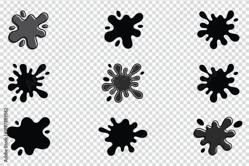 Illustration of set of nine black ink splashes and blots, abstract liquid paint splatters, isolated on transparent background