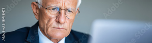 Focused senior man in formal attire working on laptop, displaying concentration and professionalism. setting suggests business environment, emphasizing importance of communication and technology