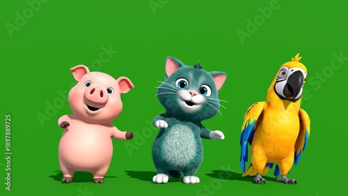 Cute cartoon pig cat and parrot dancing together on green screen for funny animal party celebration animation footage
