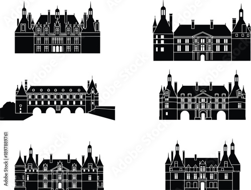 Black silhouette illustration of French Renaissance châteaux with towers, spires, dormer windows, ornate architecture, cultural heritage, and historical design