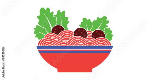 A colorful illustration of a bowl filled with pasta and olives