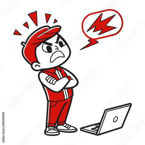 Frustrated Angry Boy in Red Cap with Lightning Bolts of Rage Standing by Laptop.