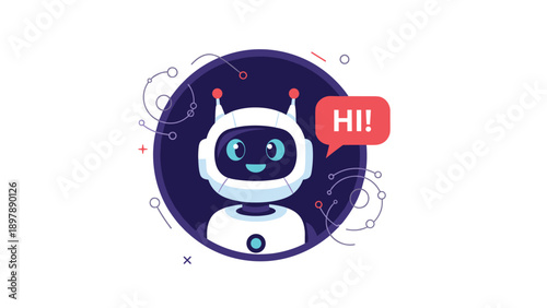 Cute white robot head chatbot character inside a dark blue circle with circular connection lines and dots background.