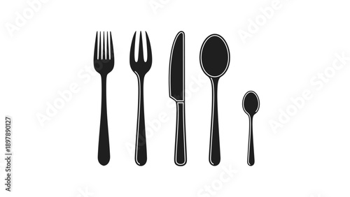 Five black silhouettes of various kitchen cutlery pieces including forks, knife, and spoons on a white background.