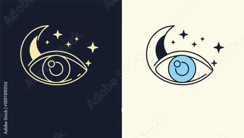Two variations of a mystical eye combined with a crescent moon and stars in dark blue and cream line art styles.