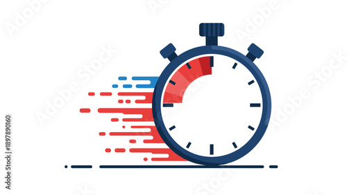 Fast-moving blue stopwatch icon with red and blue motion lines symbolizing speed, urgency, and quick delivery.