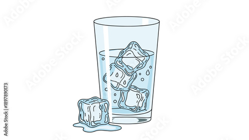 Refreshing glass of cold water filled with clear ice cubes provides a visual representation of hydration and thirst quenching.
