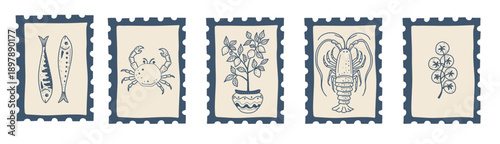 Postage stamp designs inspired by Mediterranean lifestyle and cuisine. Great for travel branding and creative projects.