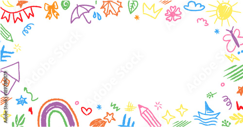 Hand drawn crayon doodle frame inspired by kindergarten art. Bright frame box for children projects and creative layouts.