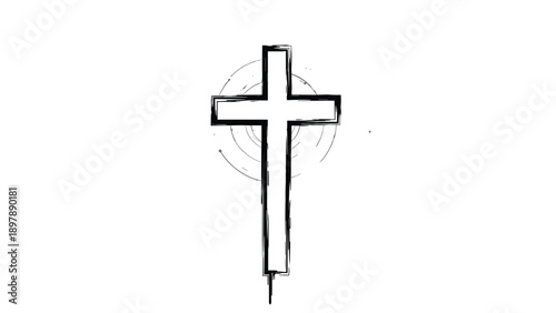 Rough black hand-drawn Christian cross sketch with circular halo or motion lines in the background on white.
