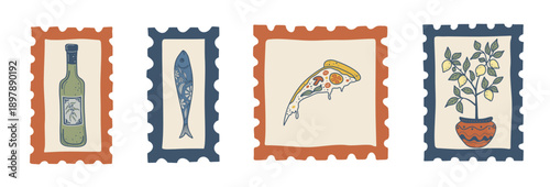 Decorative Italian food stamps with seafood, pizza, antipasto, herbs and coastal motifs, ideal for packaging, stationery and retro designs.