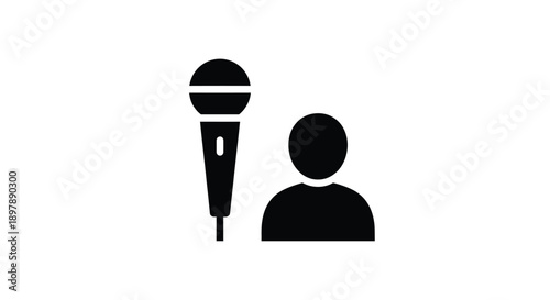 Simple black icon depicting a microphone and a person s silhouette