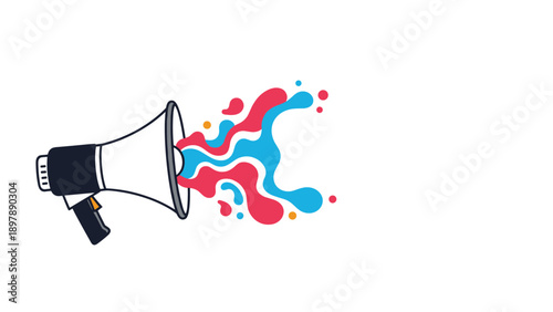 Megaphone emitting colorful abstract paint splashes represents creative communication and bold marketing announcements.