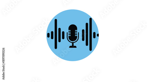 Podcast and audio recording icon featuring microphone silhouette and sound wave bars inside a blue circle for media broadcasting.