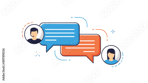Customer support chat interface showing speech bubbles and male and female avatars for online communication and technical assistance.