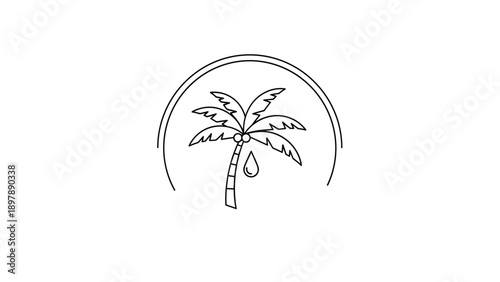 Minimalist line art icon of a palm tree with a drop of coconut oil enclosed in a circular frame for natural beauty products.