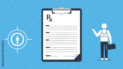 Medical prescription document on clipboard with doctor silhouette and target symbol representing healthcare focus and patient care.
