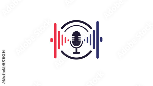 Professional podcast icon with a microphone and colorful sound waves representing digital broadcasting and audio content.