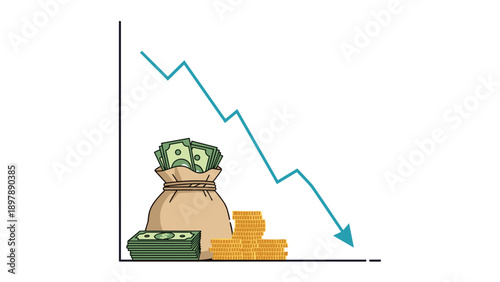 Financial decline and recession concept with money bags and coins shown next to a falling line graph on a white background.