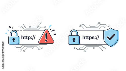 Comparison graphic showing unsecured HTTP with a warning sign and secured HTTPS with a lock and shield icon.