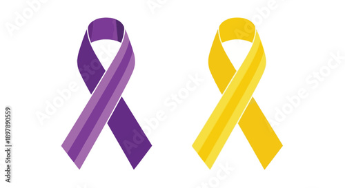 Purple and yellow awareness ribbons displayed side by side on a white background