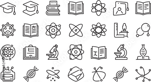 Set of educational and scientific icons featuring books microscopes atoms and research tools isolated on transparent background