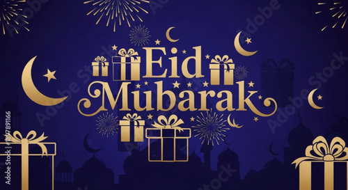 Eid mubarak greeting card with gold decorations and fireworks on dark blue background for festive muslim holiday