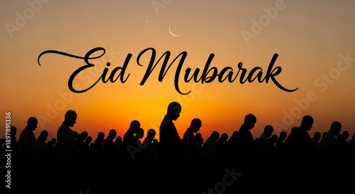 Eid mubarak greeting with silhouetted crowd at sunset crescent moon in orange sky