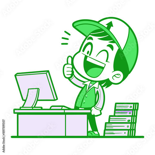 Excited Happy Boy Giving Thumbs Up at Computer Desk with Success Energy.