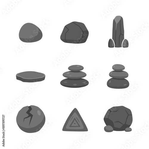 A stylized collection of natural gray stones, showcasing various shapes, sizes, and balanced rock formations, ideal for geological themes and outdoor design projects