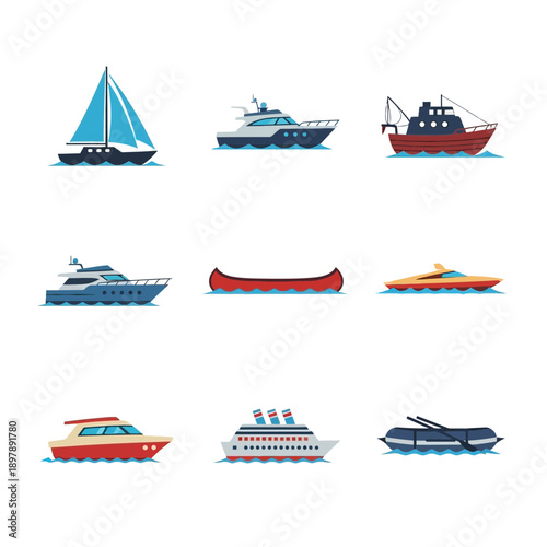 Flat design collection of diverse watercraft and transportation vehicles. Features various boats, ships, sailboats, motorboats, yachts, canoes, and passenger liners