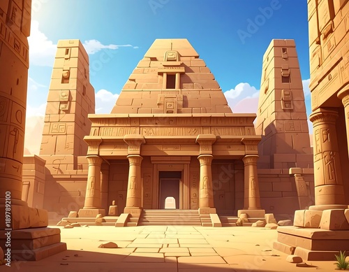 Cartoonish illustration of an ancient sandstone temple with a pyramid