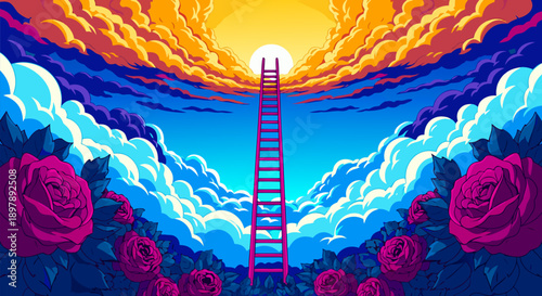 Vibrant vector illustration of a surreal ladder ascending into a colorful, cloud-filled sky with roses in the foreground
