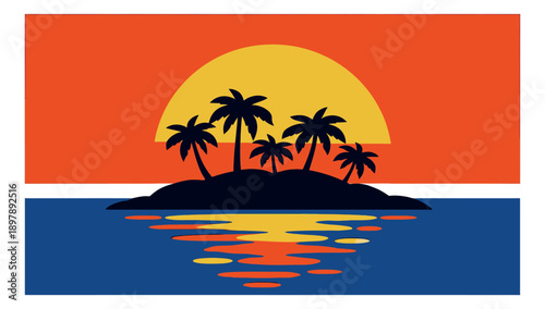 Flat design illustration of a tropical island with palm trees depicting a vibrant sunset for travel and relaxation