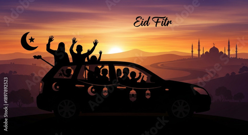 Family celebrating eid al fitr in car during vibrant sunset with mosque silhouette in background