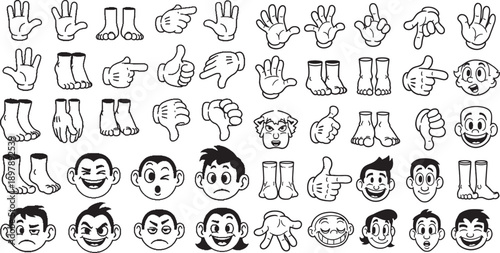 Cartoon hand gestures and expressions, playful comic style, pointing, thumbs up and down, faces