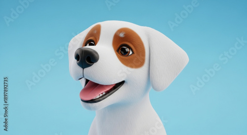 Smiling white dog with brown spots on a blue background happy cartoon canine portrait
