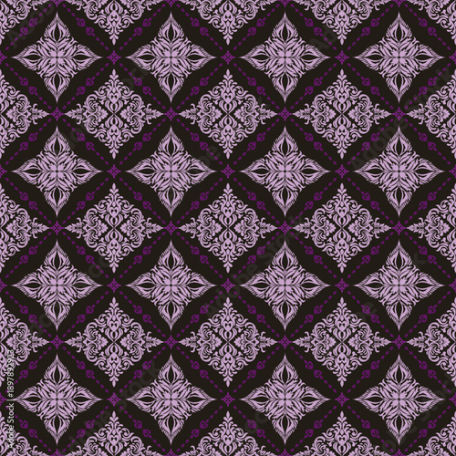 Luxurious seamless damask pattern with ornate floral motifs in purple and black tones. Classic vintage background ideal for wallpaper, textile, fabric, wrapping paper, fashion, and interior design.
